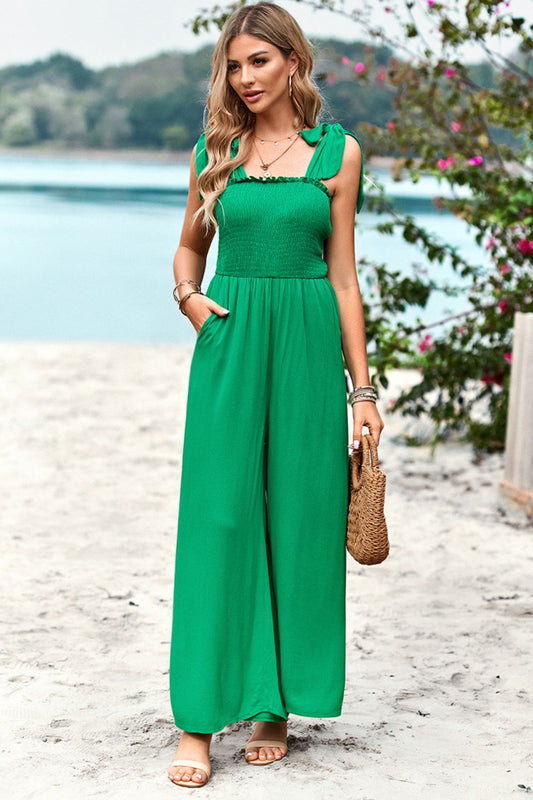 Frill Trim Tie-Shoulder Wide Leg Jumpsuit by DY