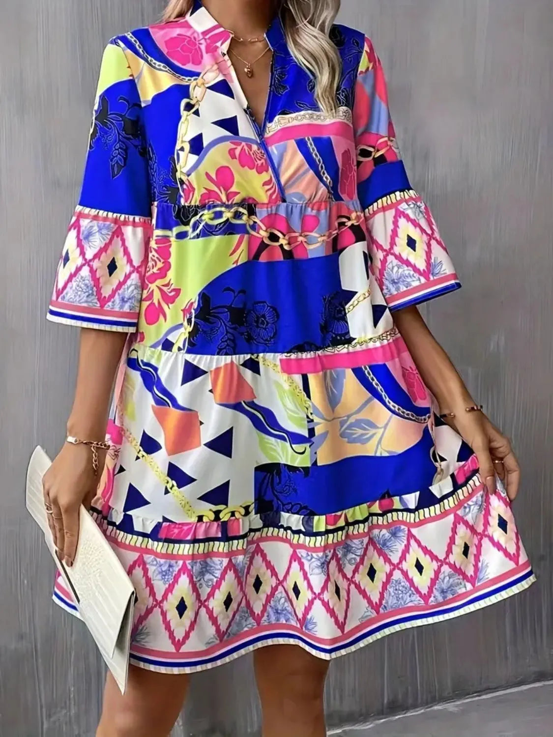 Printed Notched 3/4 Sleeve Tiered Dress in Royal Blue