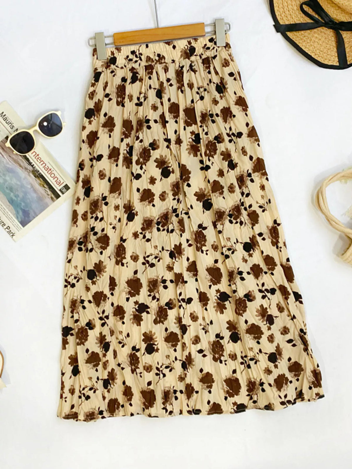 Floral Print Elastic-Waist Midi Skirt