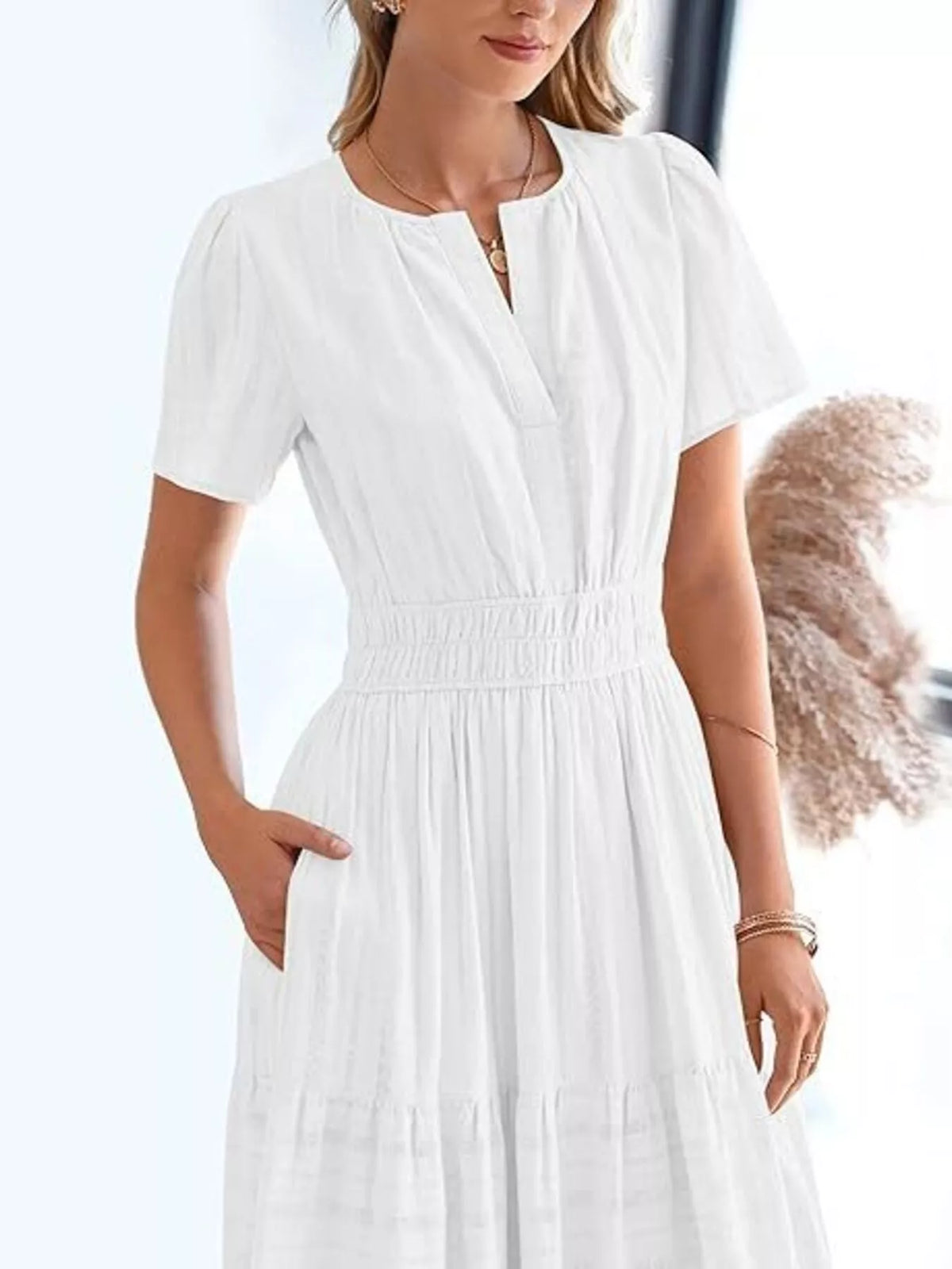 Short Sleeve Tiered Midi Dress with Pockets