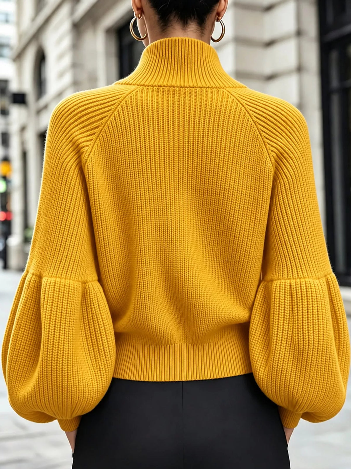 Ribbed Knit Zip-Up Cardigan with Lantern Sleeves