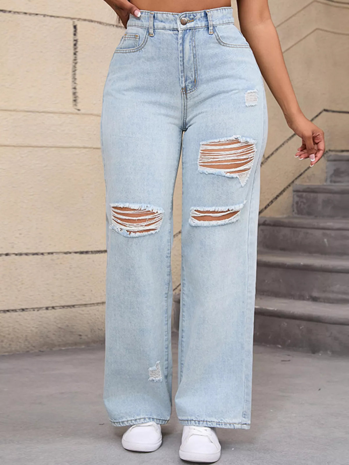 Distressed Wide Leg Jeans with Cat's Whisker Detail