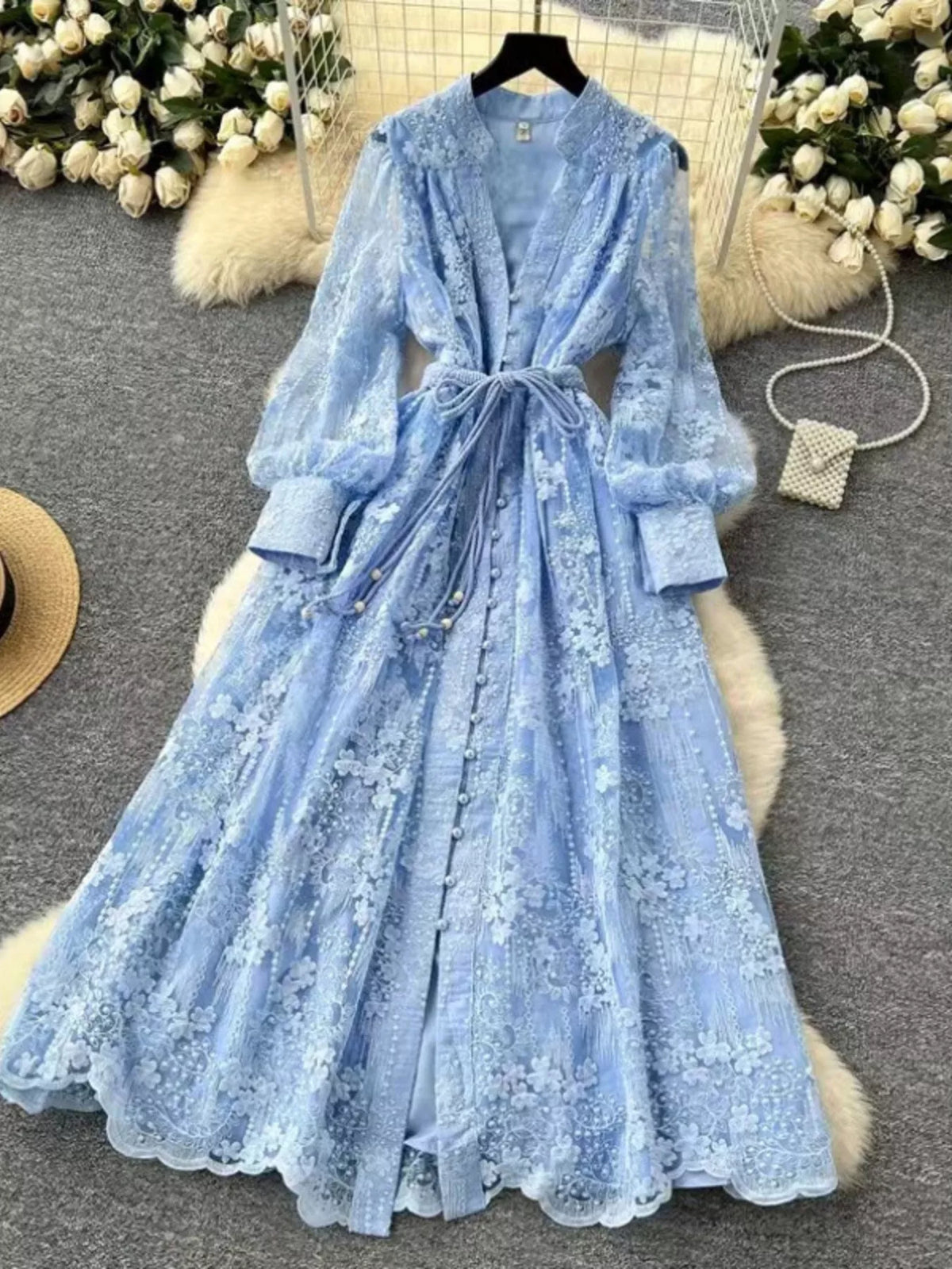 Lace Tie-Waist Long Sleeve Dress