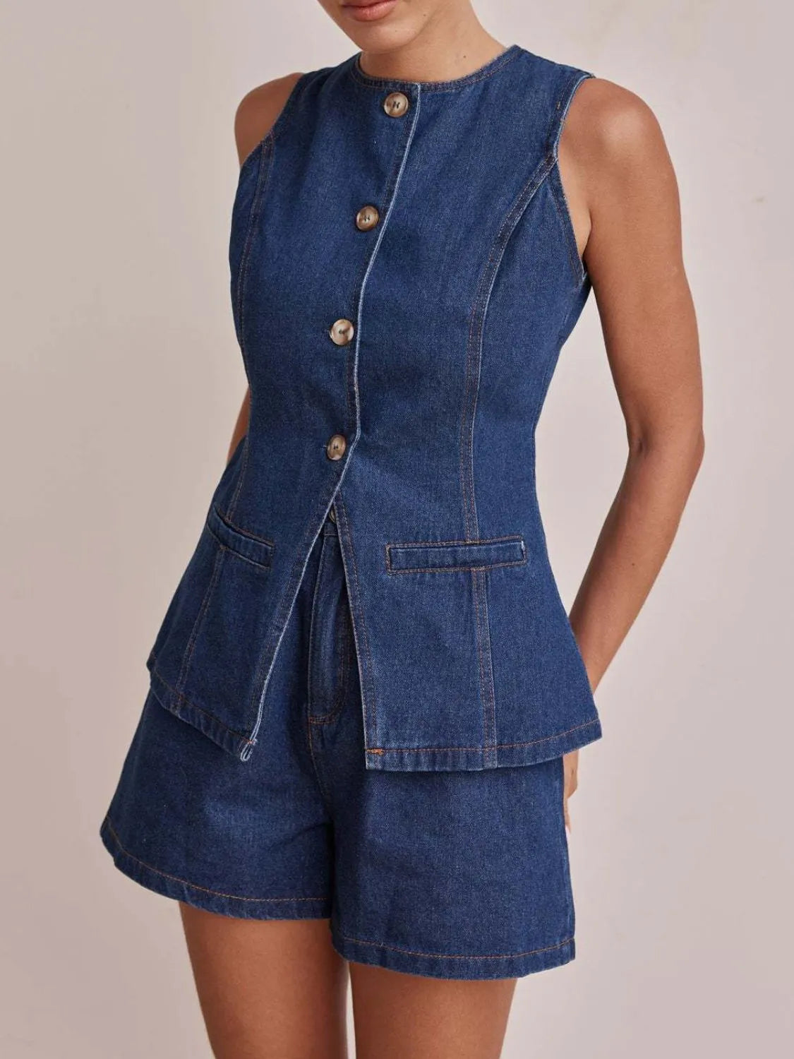 Button-Down Vest and Shorts Denim Set