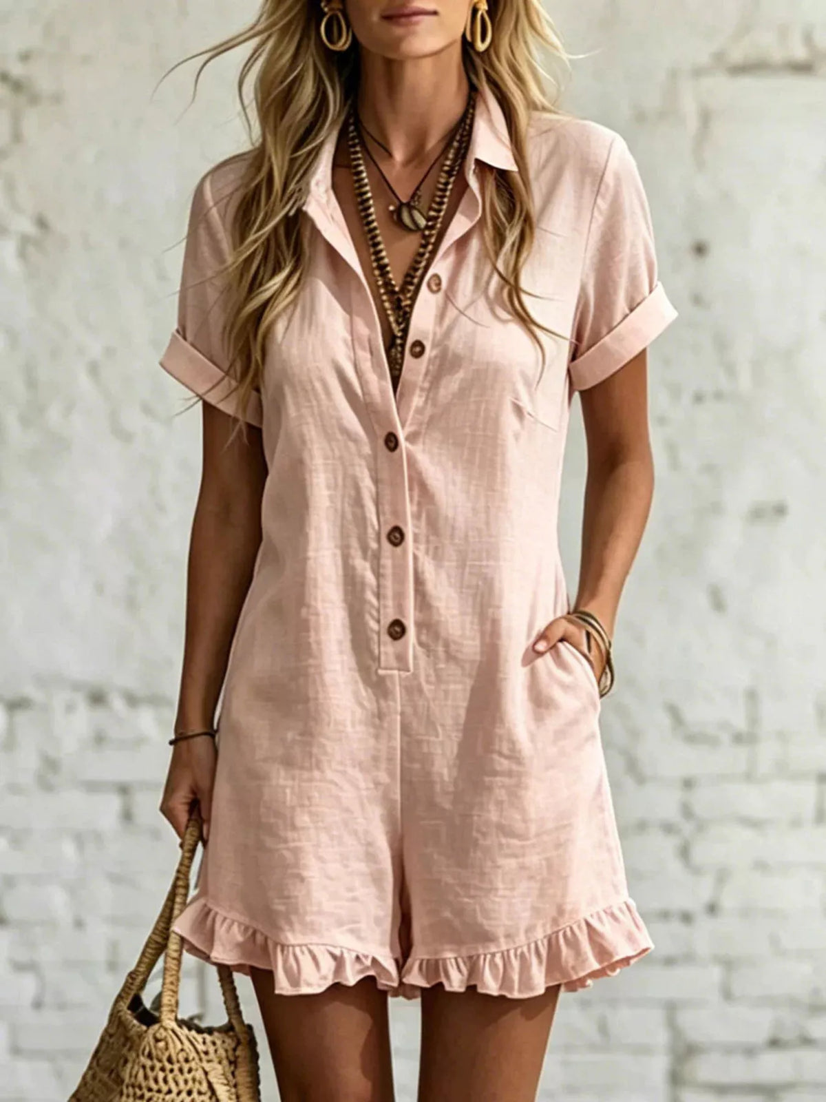 Button Front Ruffled Hem Romper