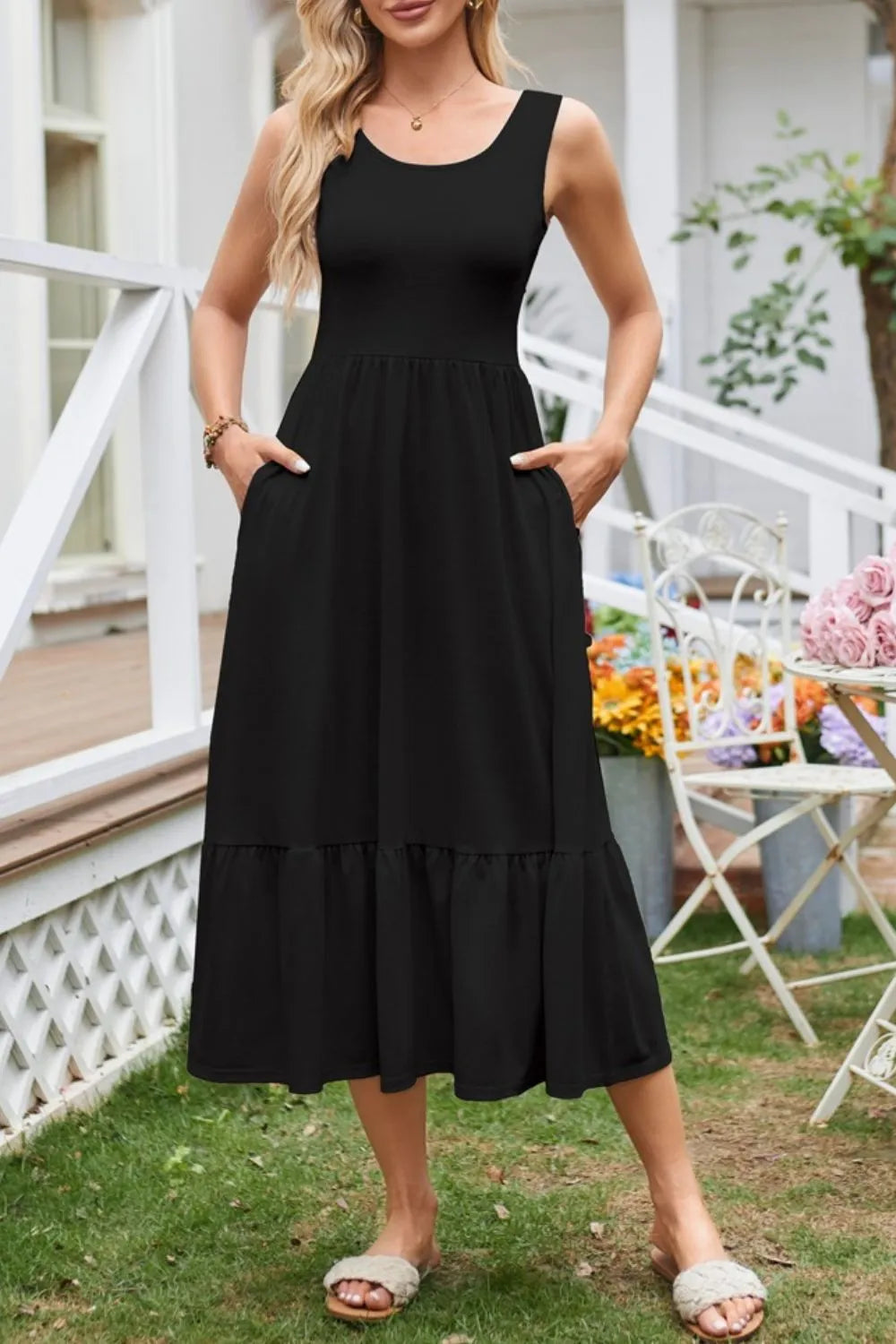 Round Neck Wide Strap Tank Dress by Gen Beauty