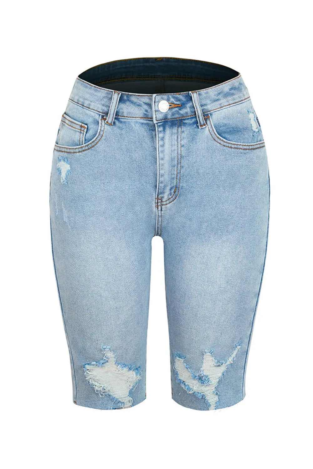 Distressed Pocketed Denim Shorts in Light Wash by DE.C.H & K.M