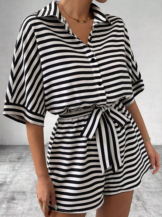 Striped Button-Up Belted Romper