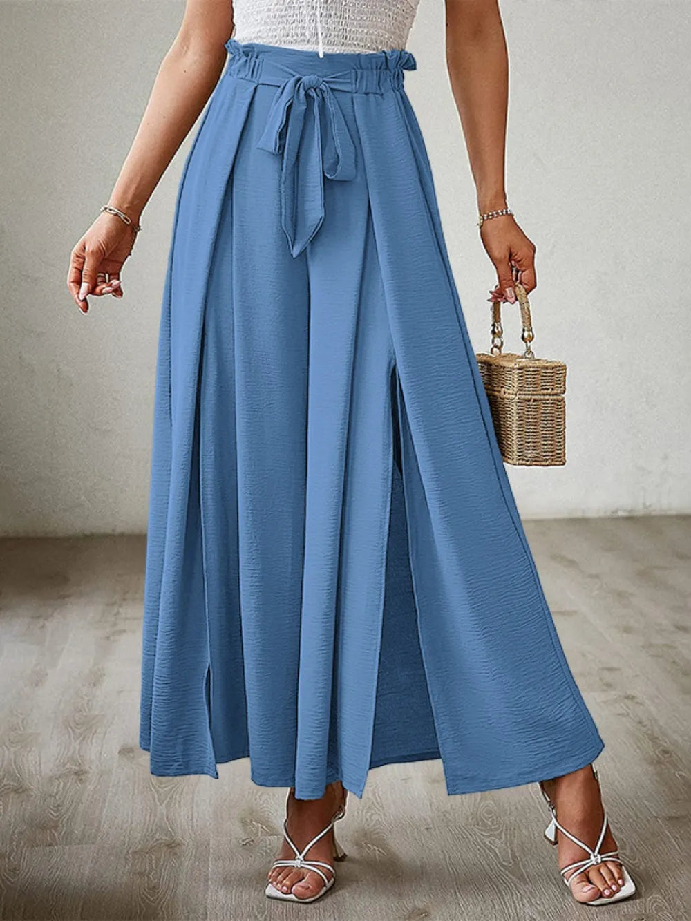 Wide Leg Pants with Tie and Slit