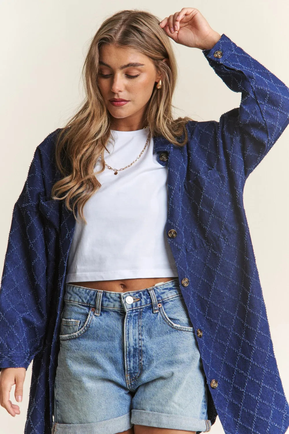 Rhombus Stitched Denim Shacket in Dark Denim by J.NNA