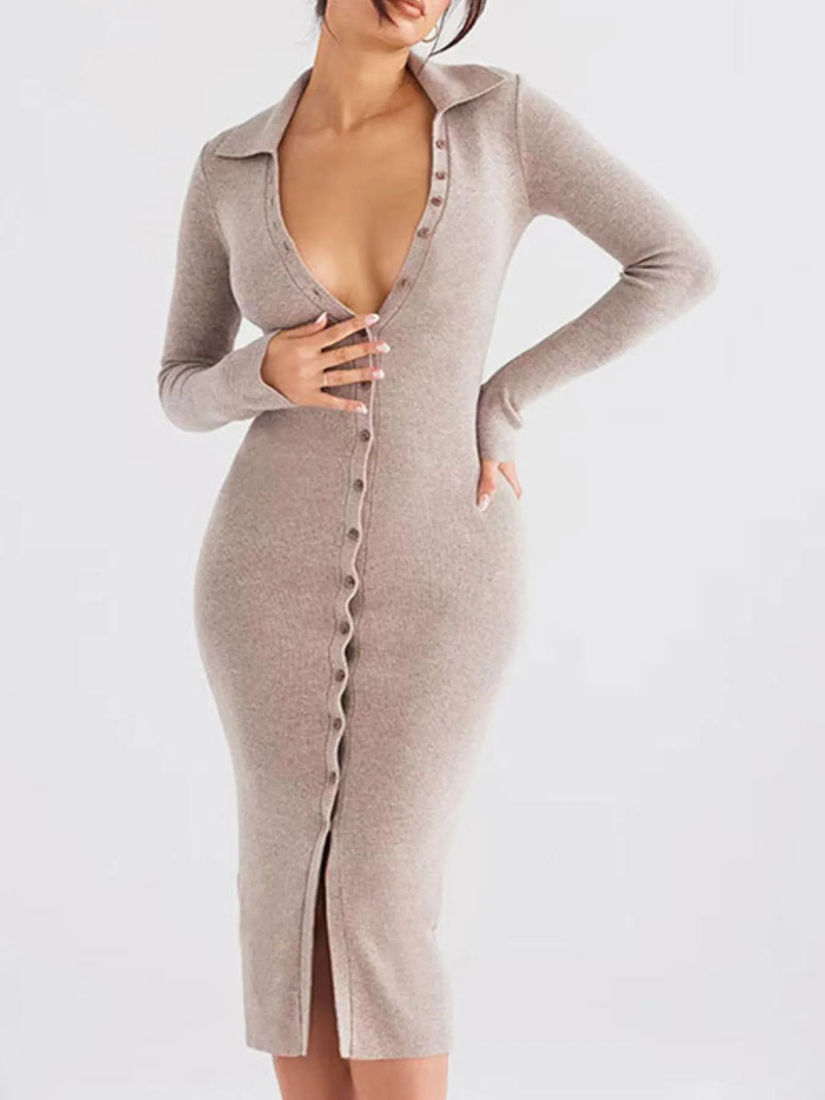 Button Front Sweater Dress in Dust Storm