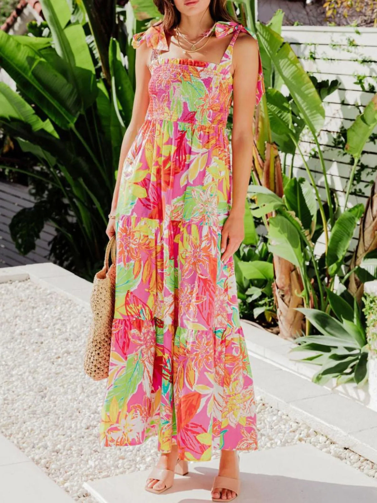 Tropical Print Tie-Shoulder Maxi Dress in Red