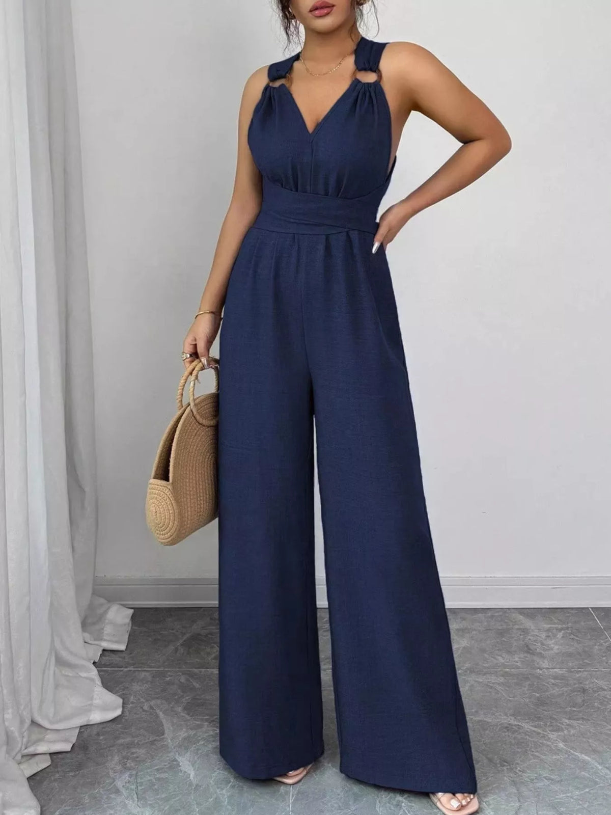 Sleeveless V-Neck Wide-Leg Jumpsuit with O-Ring Detail