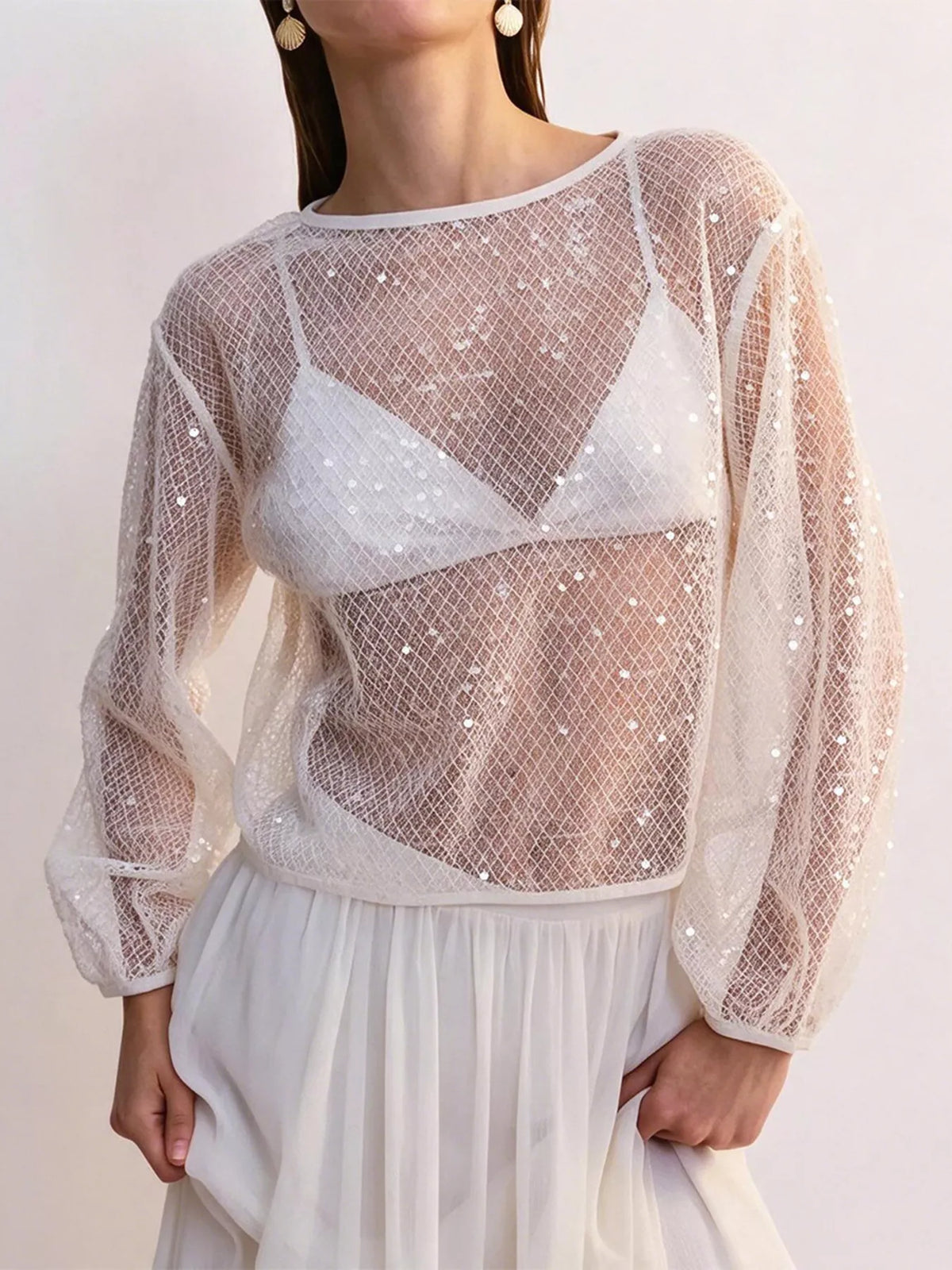 Sheer Sequin Mesh Cover-Up Top in Apricot