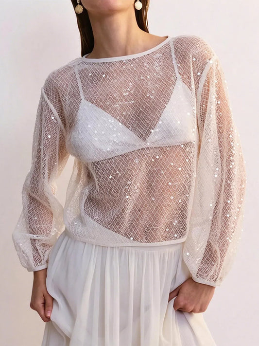 Sheer Sequin Mesh Cover-Up Top in Apricot