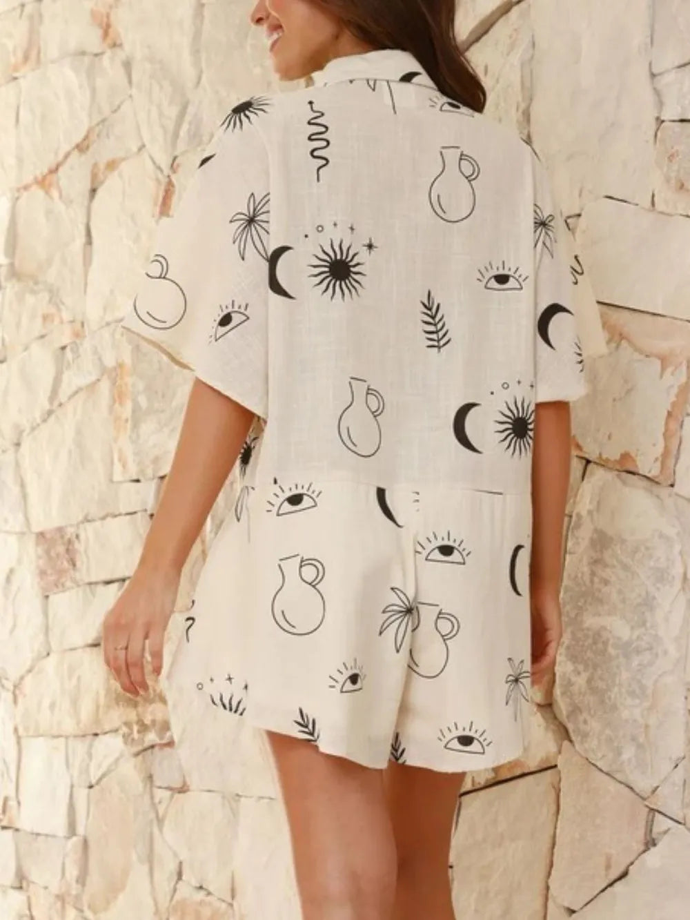 Collared Half-Sleeve Romper in Beige