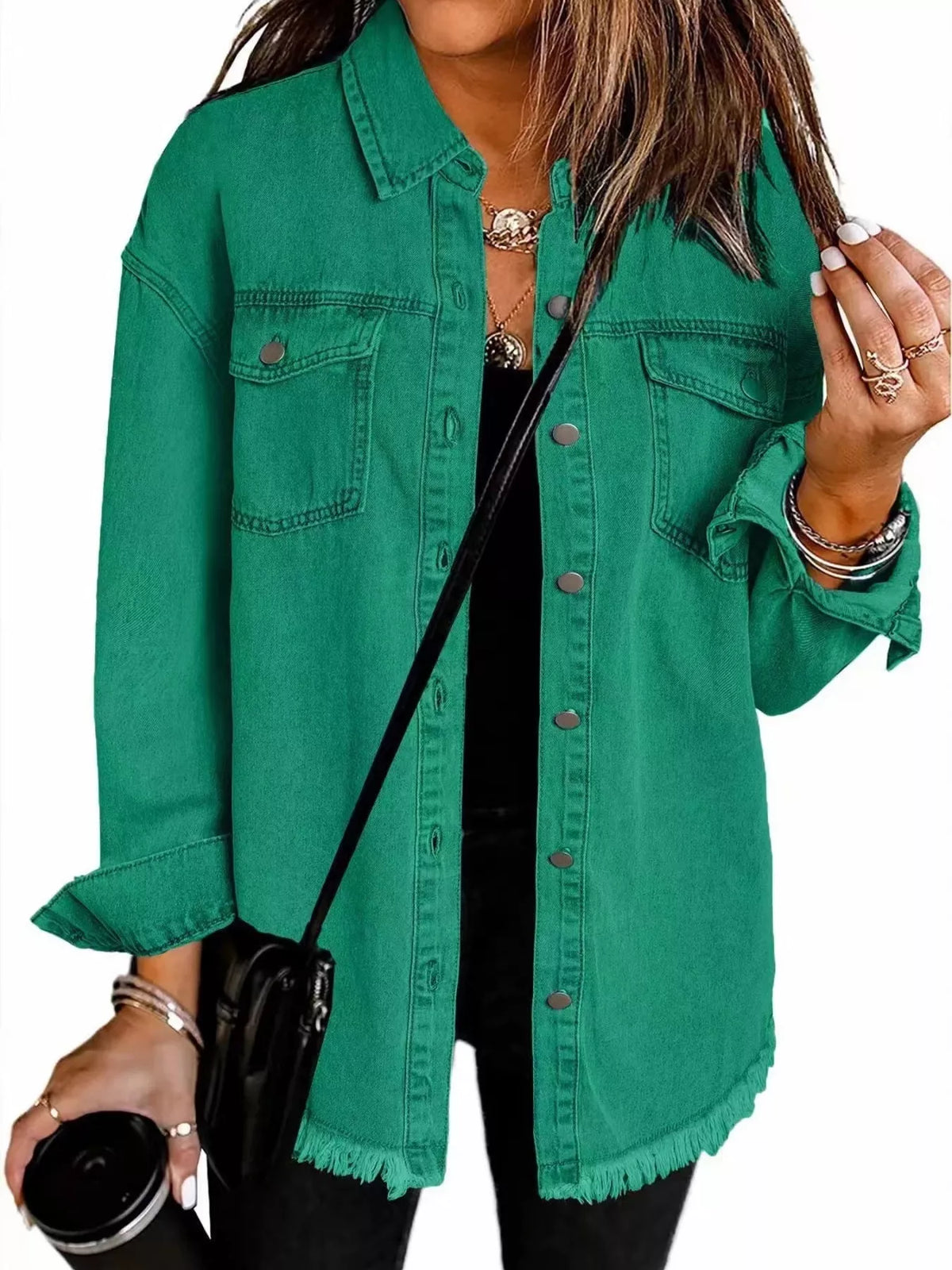 Frayed-Hem Button-Up Denim Jacket