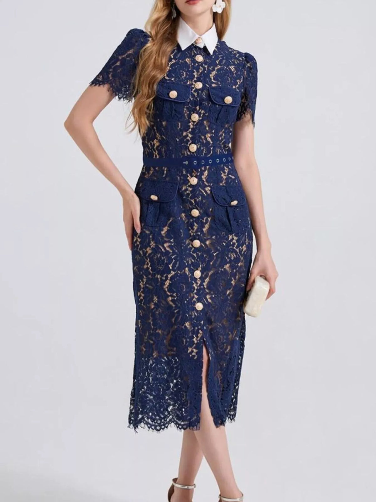 Lace Button-Down Midi Dress in Blue