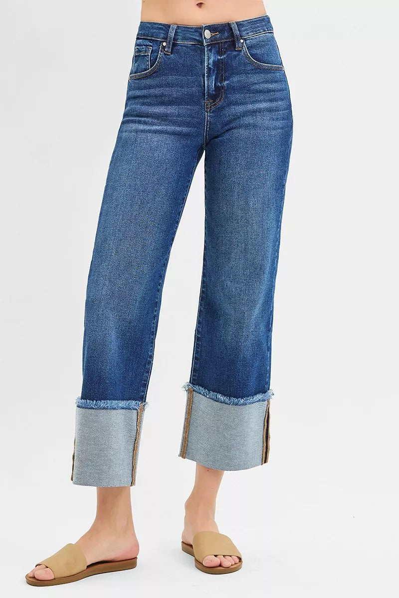Risen Raw Hem Mid Rise Wide Crop Jeans in Dark Wash