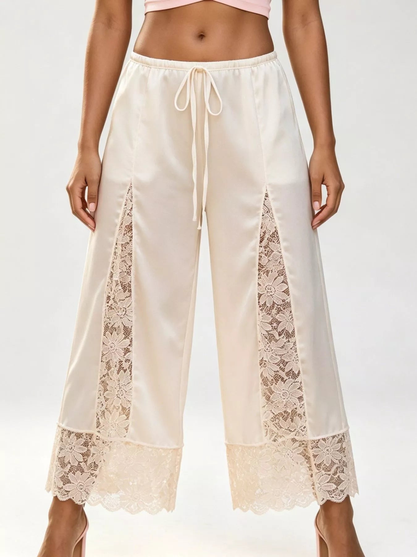 Lace-Trim Wide-Leg Cropped Pants