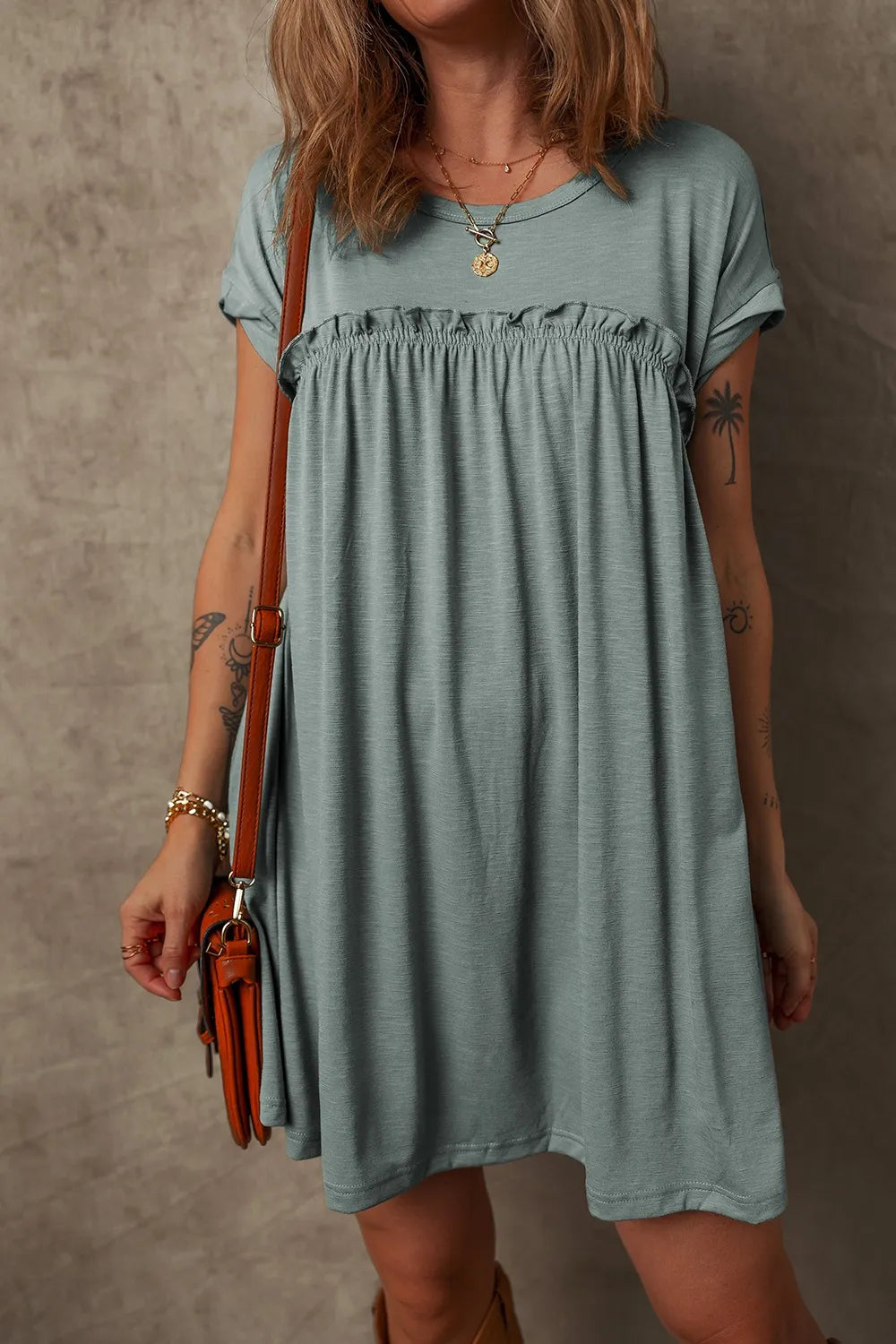 Frilled Round Neck T-Shirt Dress in Sage