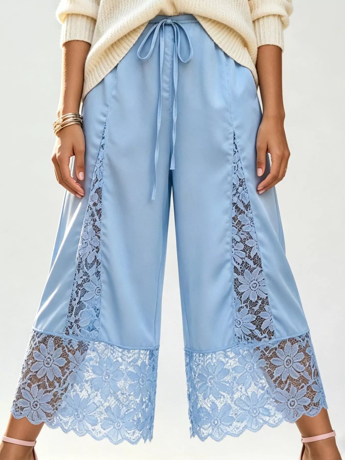 Lace-Trim Wide-Leg Cropped Pants