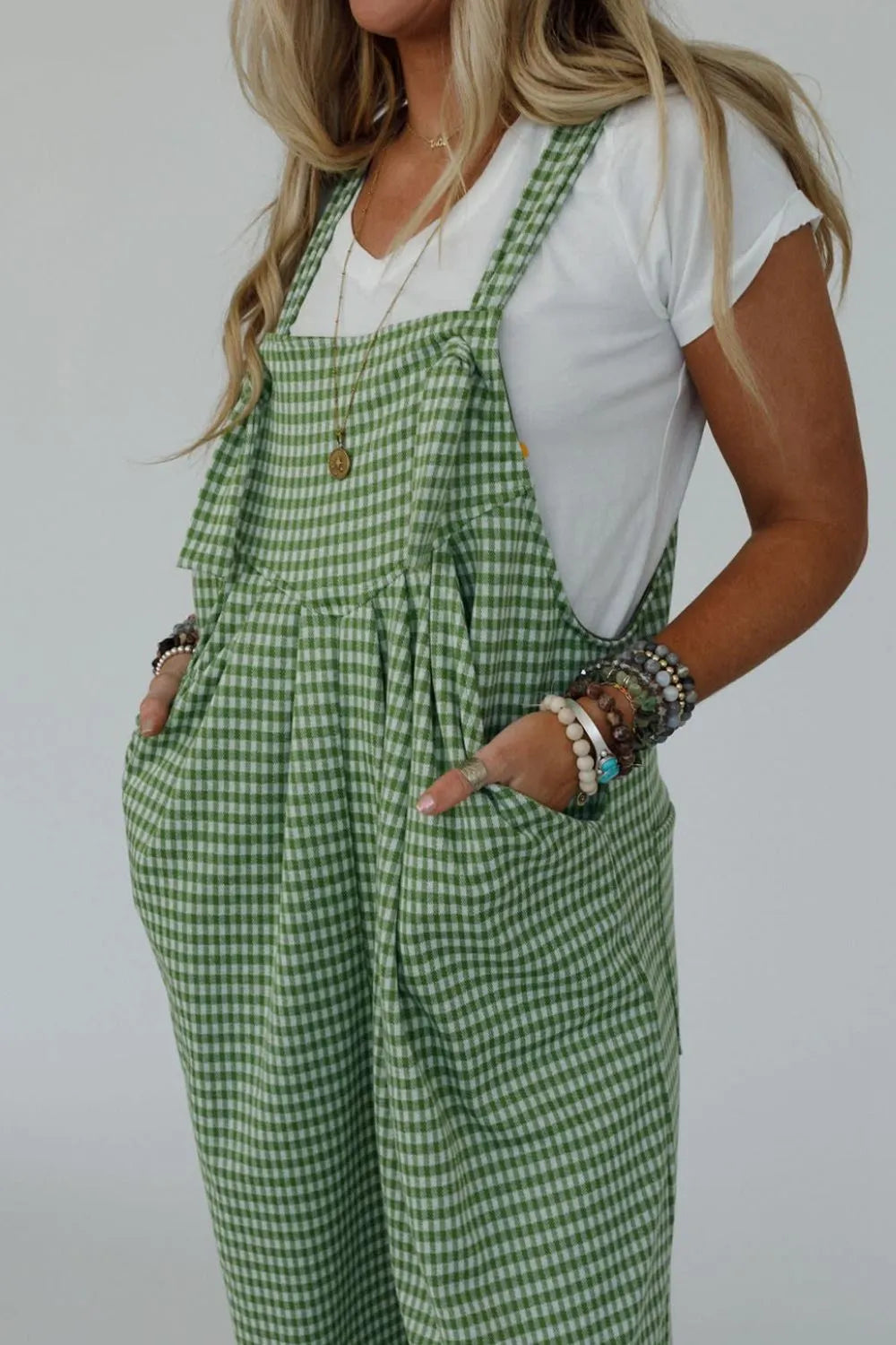 Gingham Wide-Leg Overalls in Lime