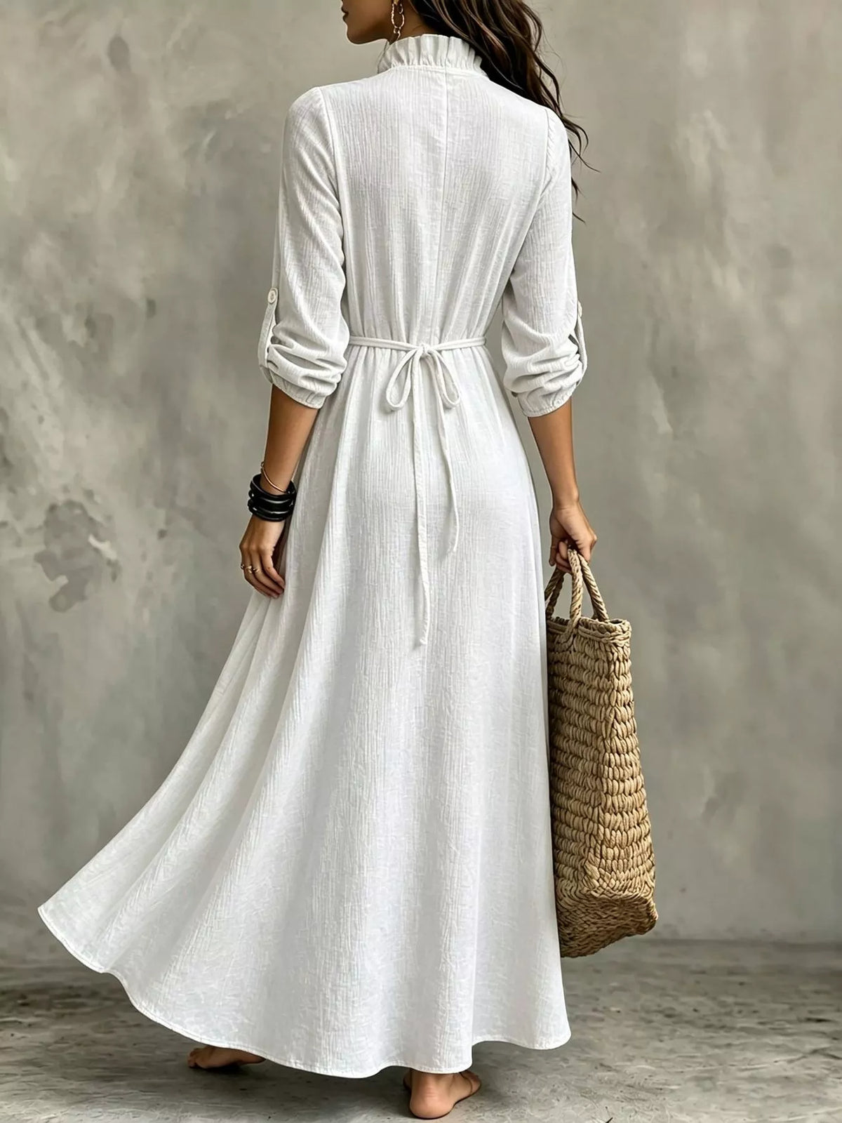 V-Neck Ruffled Maxi Dress with Roll-Up Sleeves