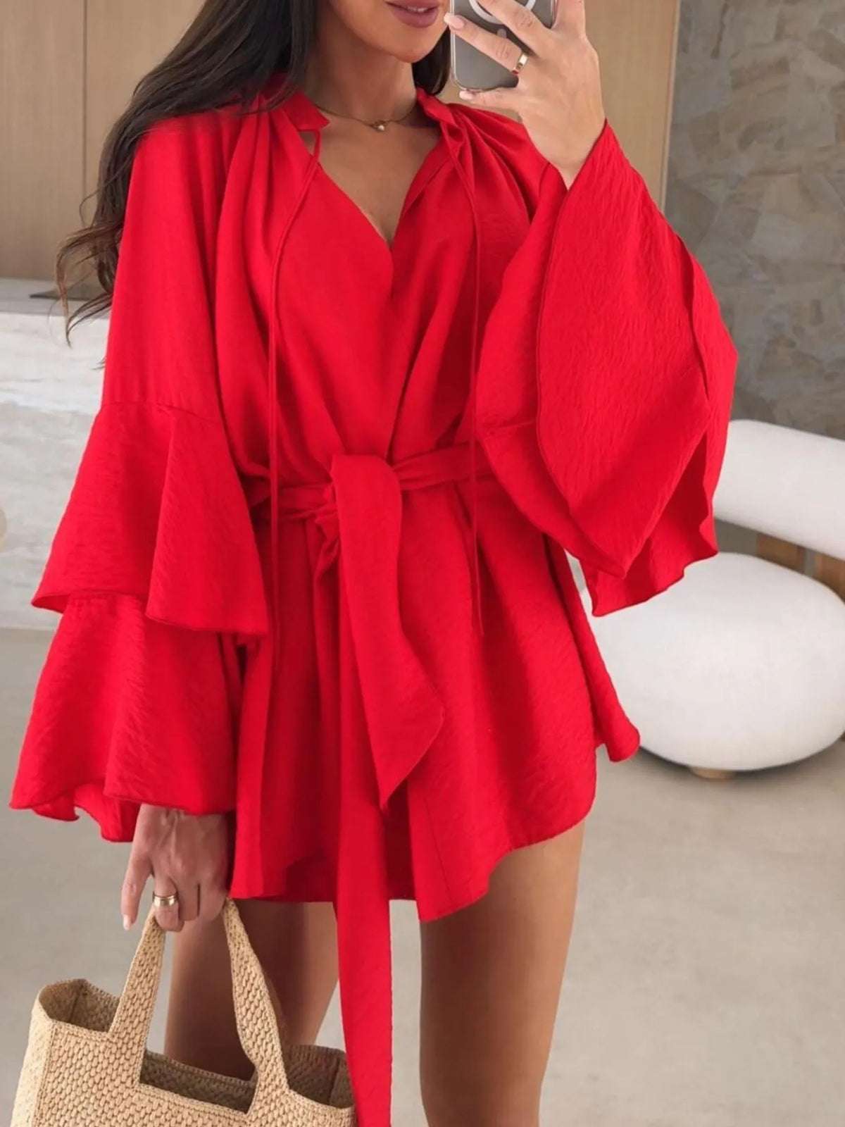 Bell Sleeve Tie-Waist Mini Shirt Dress