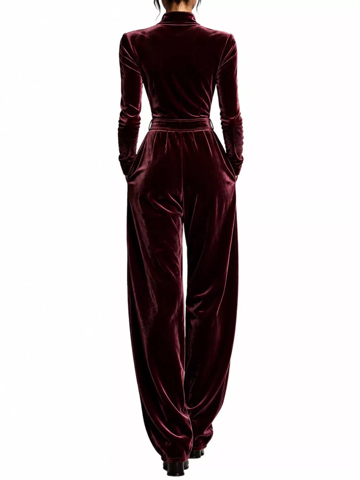 Velvet Zip-Up Jumpsuit with Tie Waist