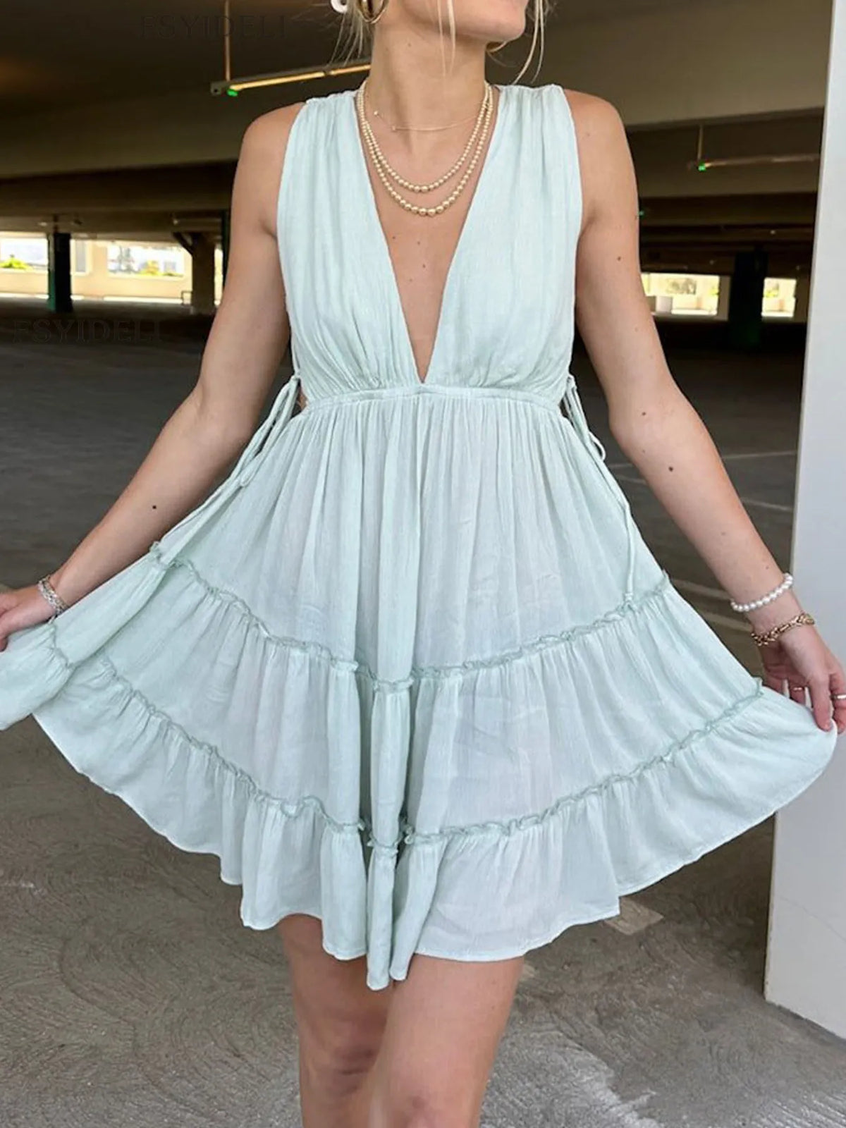 Ruched Lace-Up Tiered Mini Dress