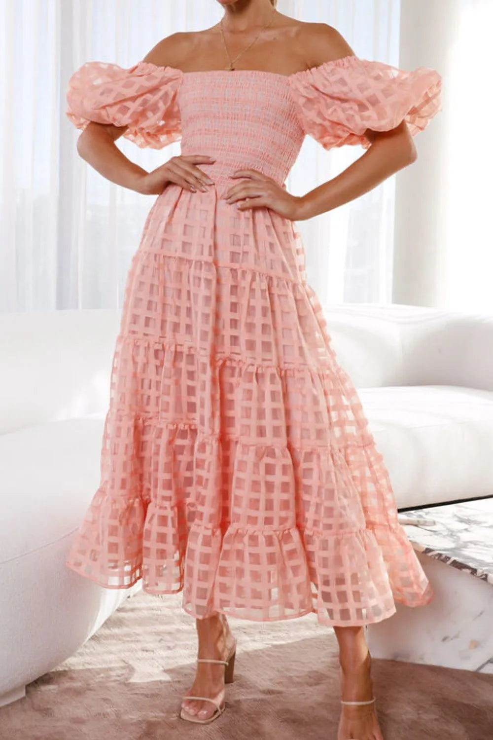 Off Shoulder Puff Sleeve Midi Dress