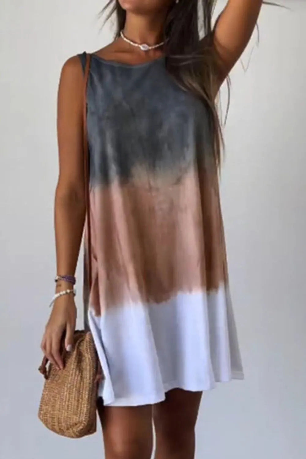Tie-Dye Sleeveless Mini Tank Dress in Camel