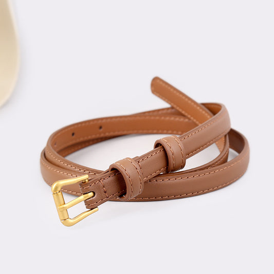 Ilussa Skinny Leather Belt with Golden Buckle — Caramel Trio