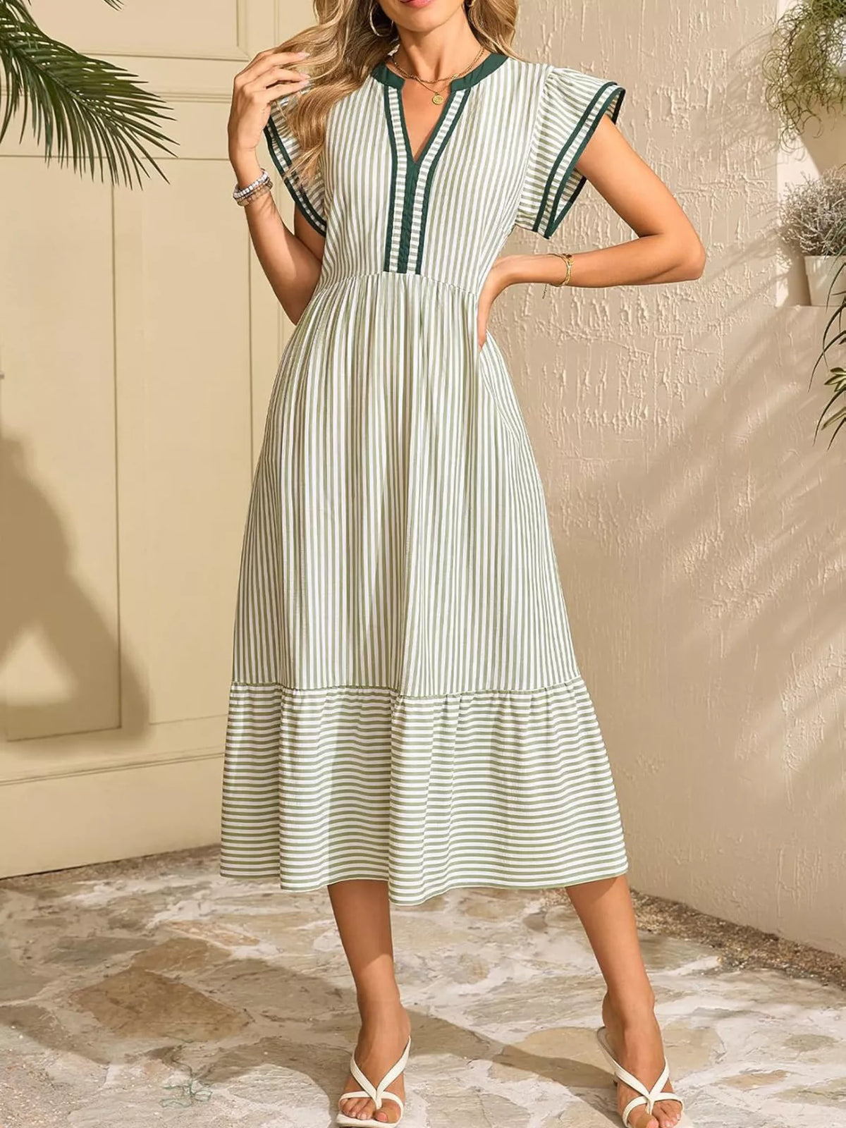 Striped Ruffle Sleeve Midi Dress with Pockets