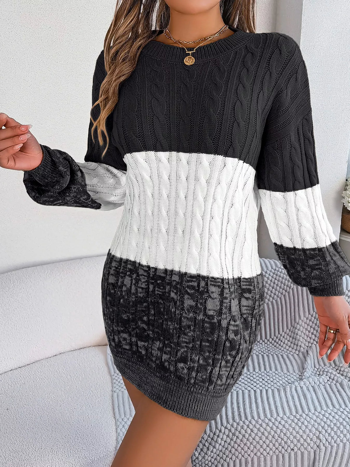 Color Block Cable Knit Sweater Dress