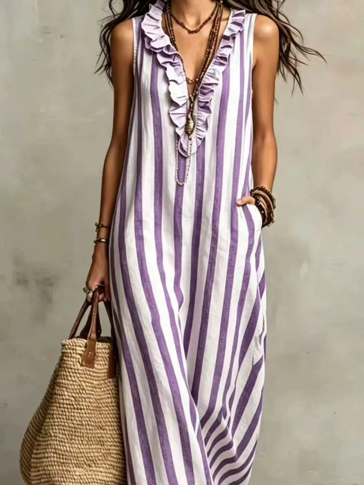 Ruffle V-Neck Sleeveless Plus Size Maxi Dress