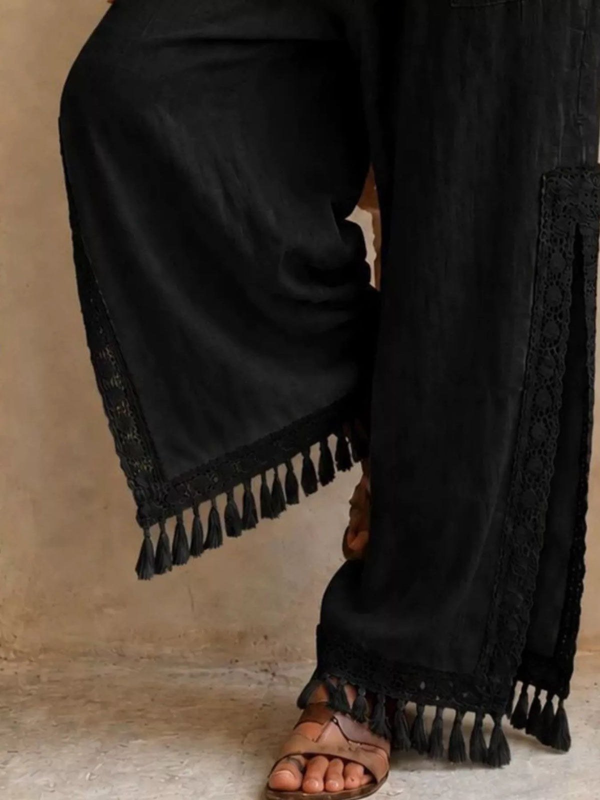 Lace-Detail Slit Wide Leg Pants