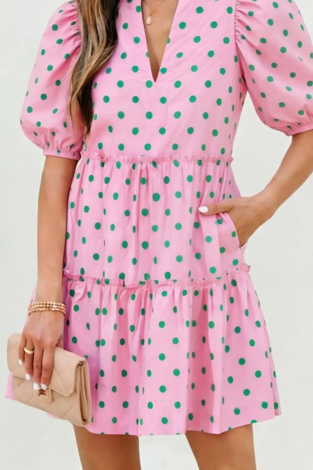 Polka Dot Tiered Mini Dress in Blush Pink