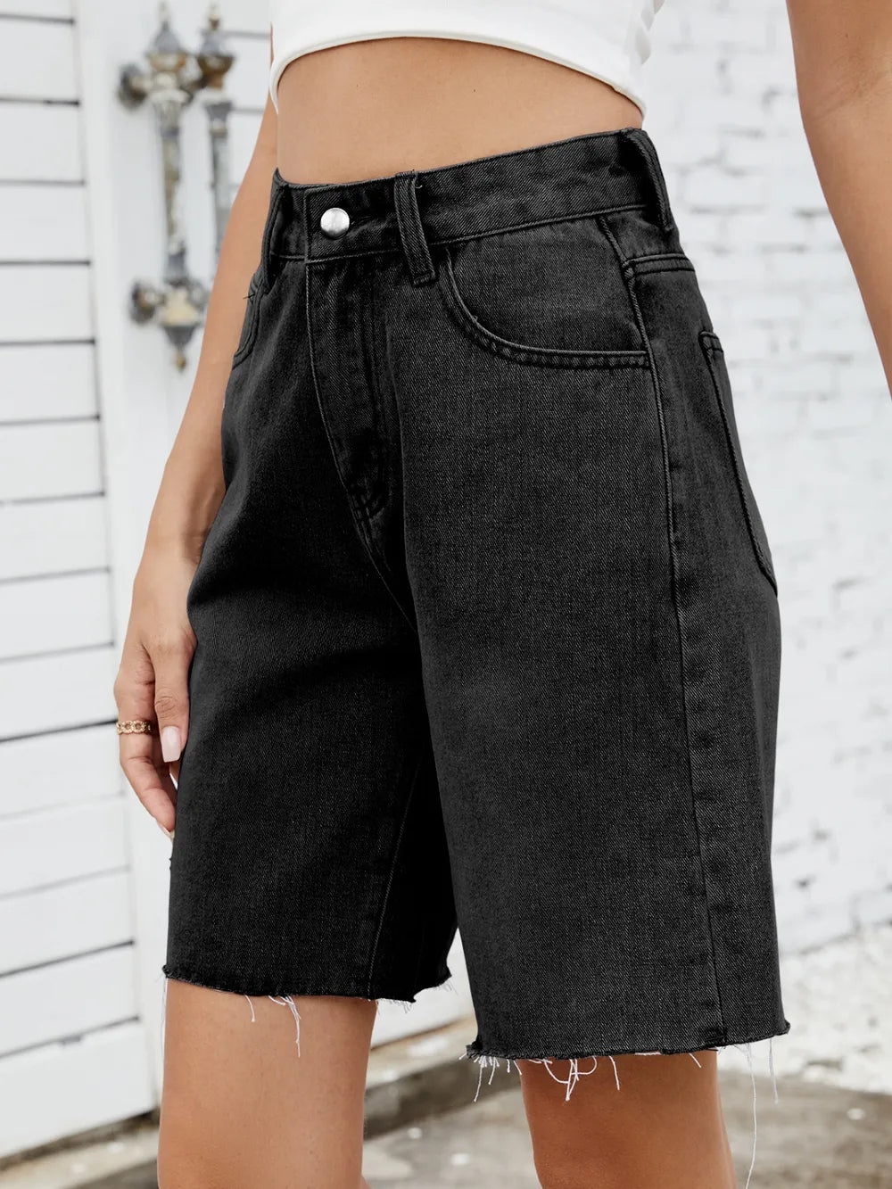 Washed Raw Hem Denim Shorts by Moni Wear