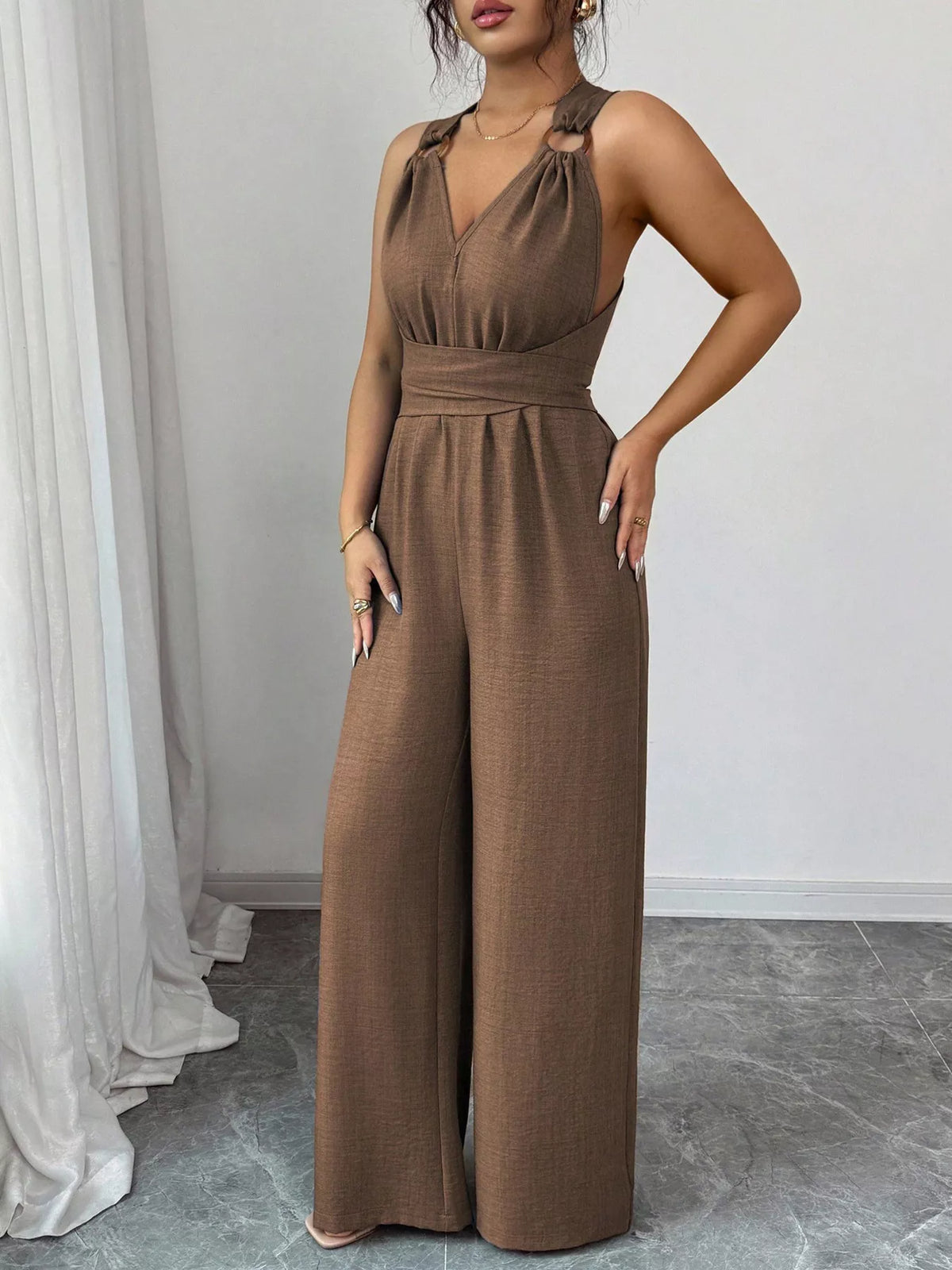 Sleeveless V-Neck Wide-Leg Jumpsuit with O-Ring Detail