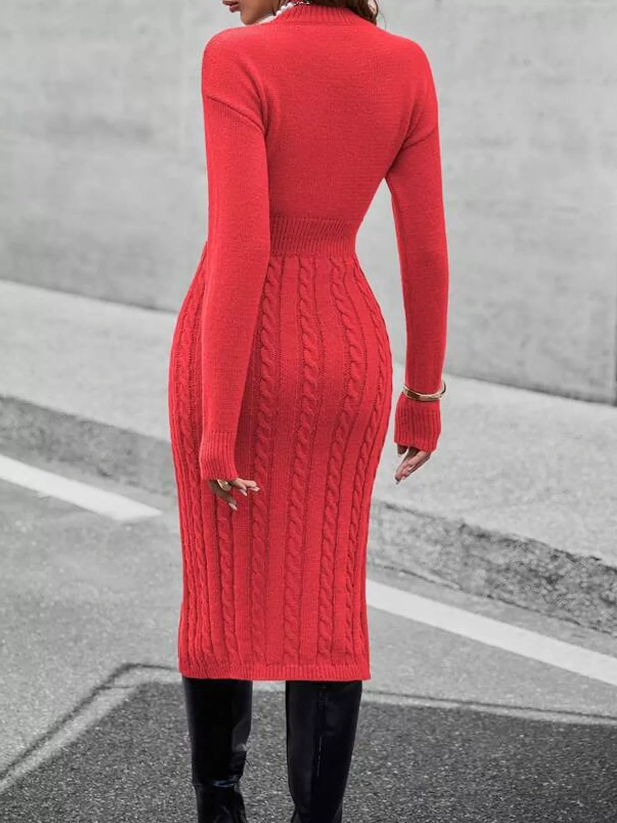 Mock Neck Cable Knit Sweater Dress with Front Slit