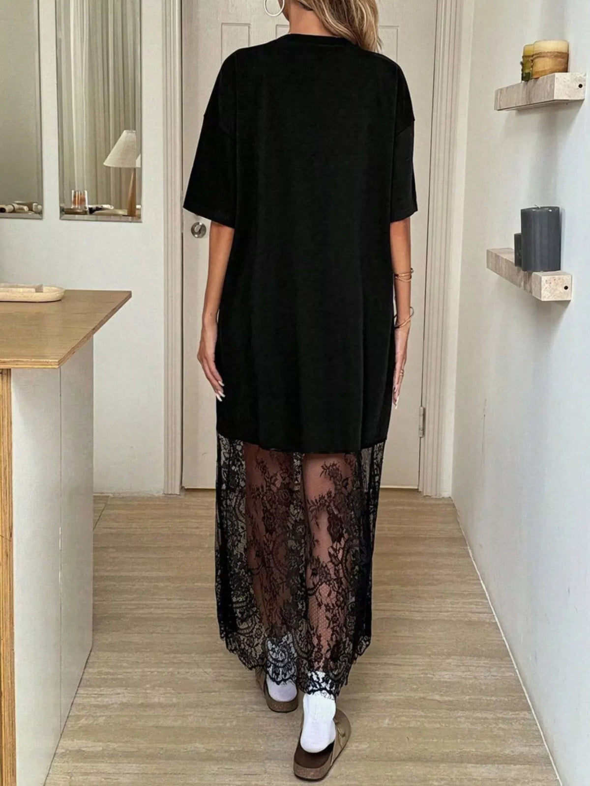Floral Lace-Hem Tee Dress in Black