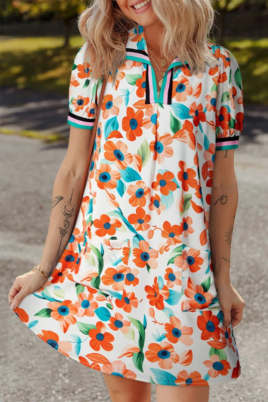 Contrast Trim Floral Tiered Mini Dress