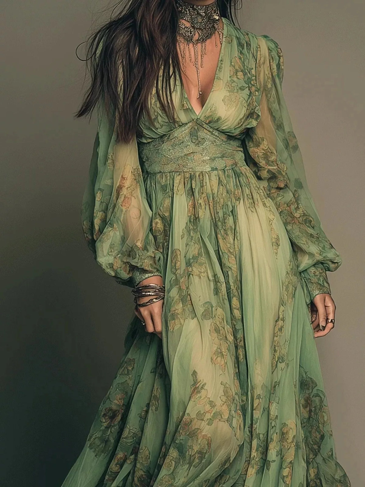 Floral Print Sheer Maxi Dress in Moss by Yvette