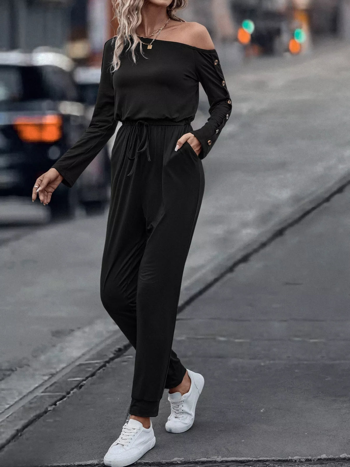 One-Shoulder Long Sleeve Jumpsuit in Black