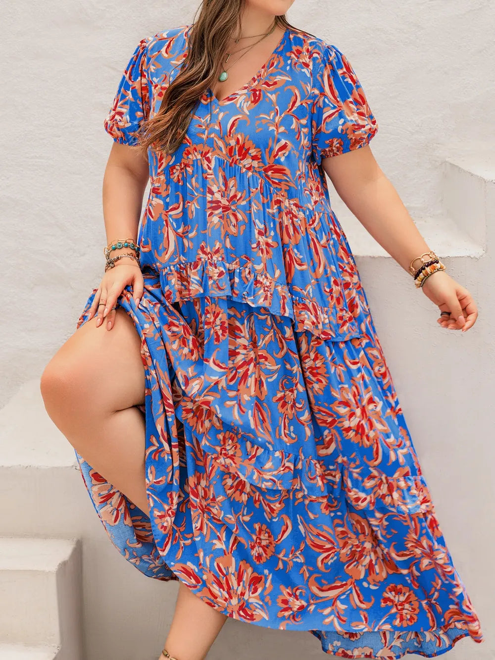 Ruffled Print V-Neck Maxi Dress in Blue