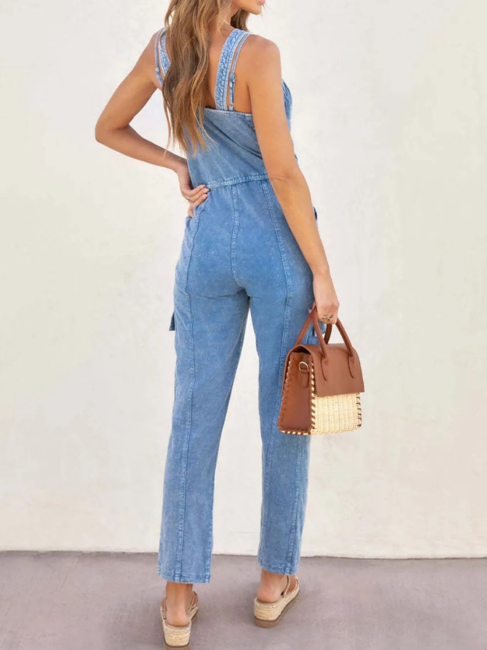 V-Neck Denim Jumpsuit in Medium Wash by Y.Y@Denim