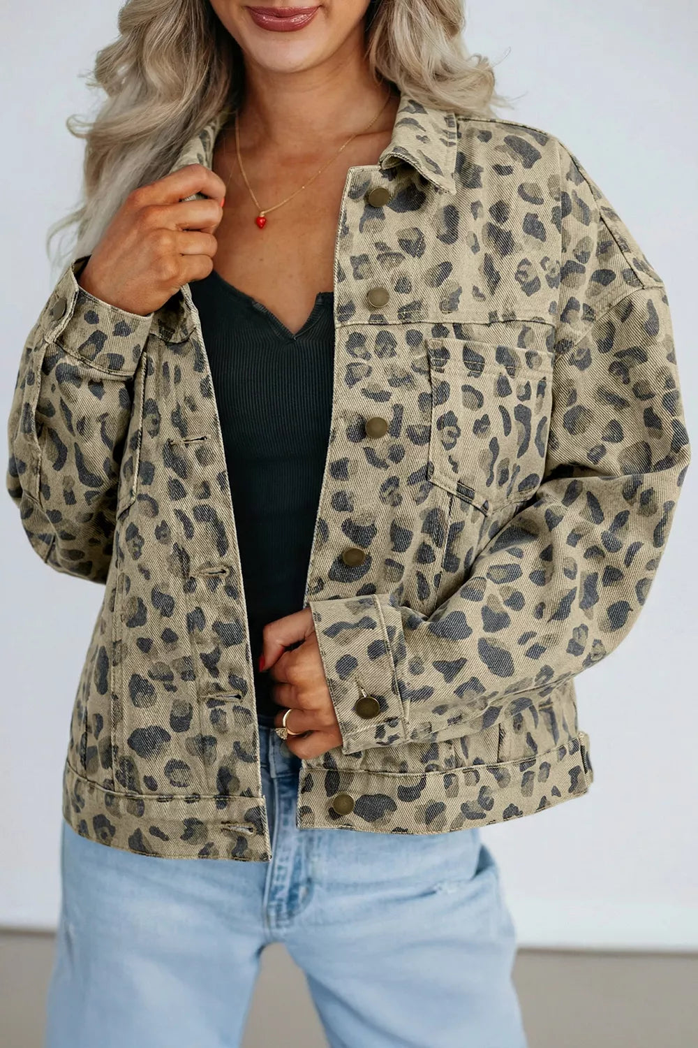 Leopard Print Button-Down Denim Jacket