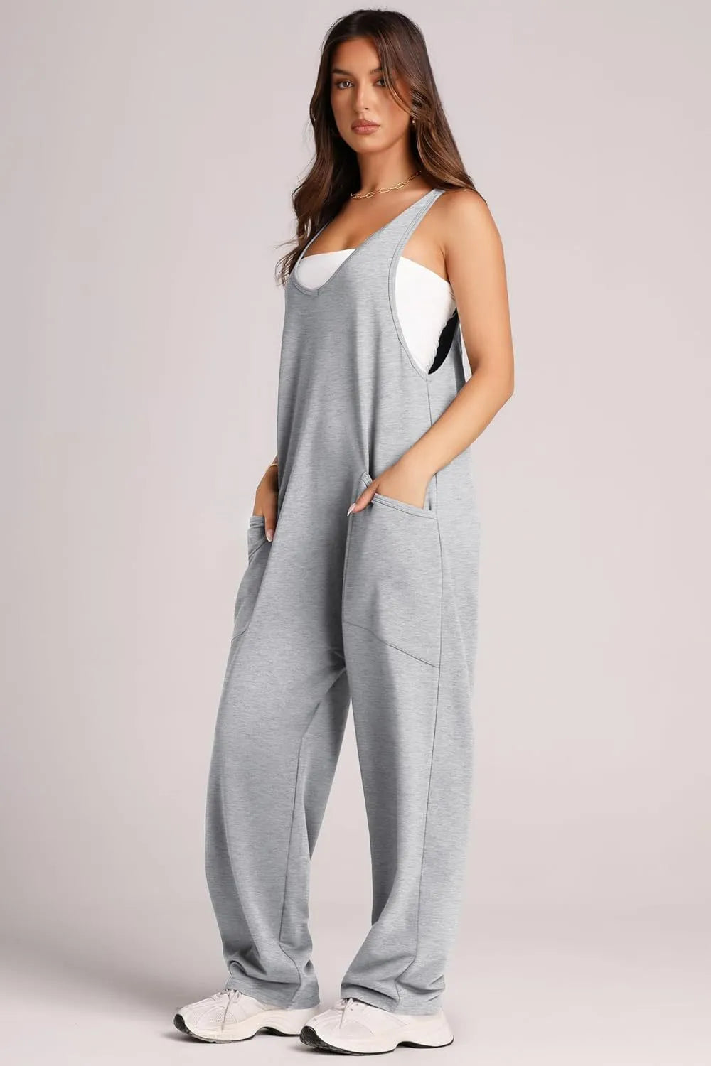 V-Neck Wide Strap Overalls with Pockets